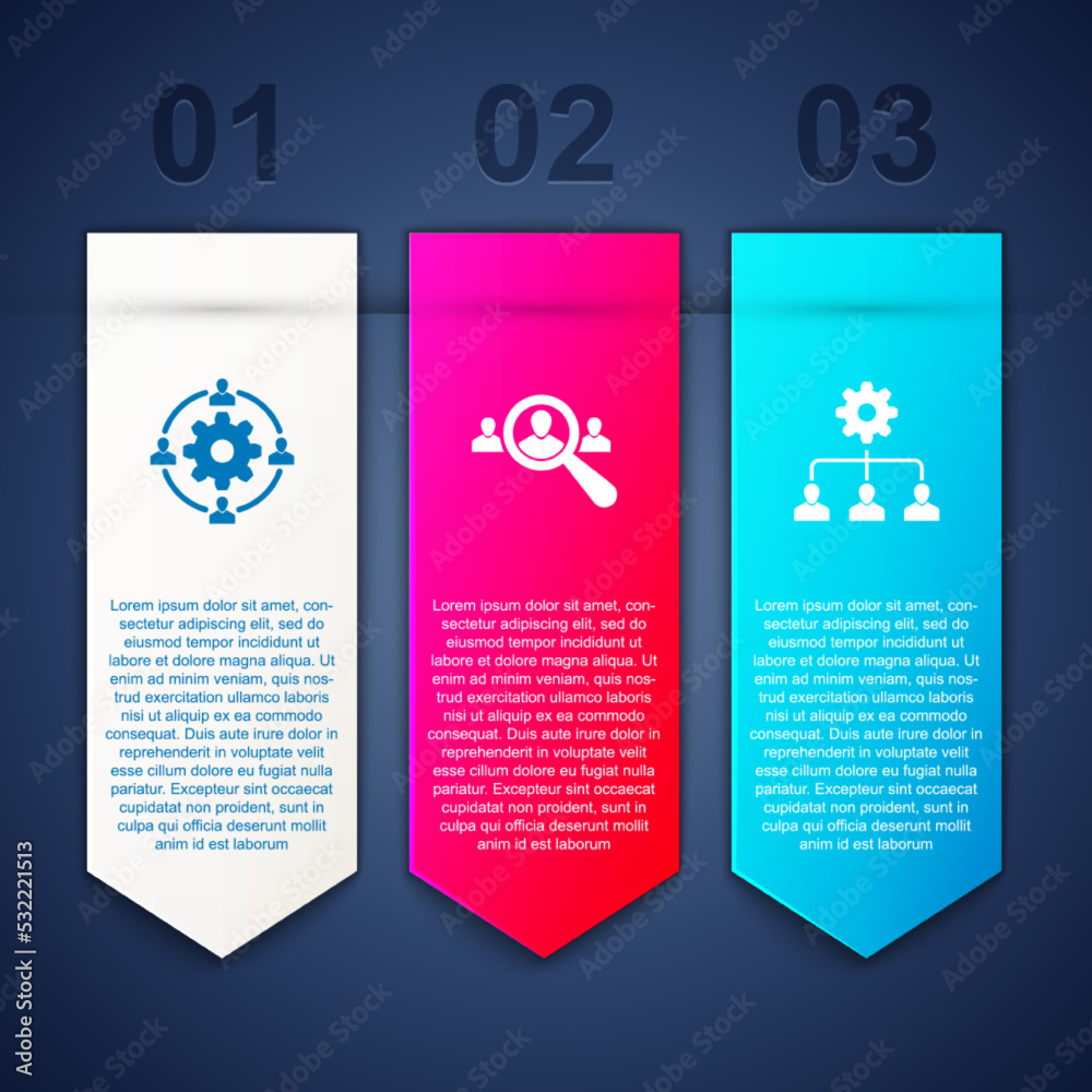 Set Outsourcing concept, Magnifying glass for search people and Lead management. Business infographic template. Vector