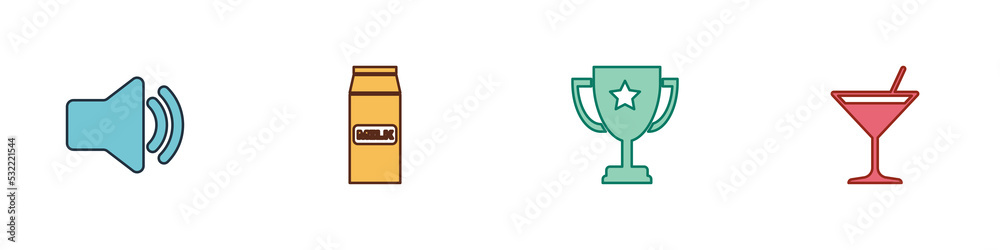 Set Speaker volume, Paper package for milk, Trophy cup and Martini glass icon. Vector Set Speaker volume, Paper package for milk, Trophy cup and Martini glass icon. Vector