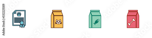 Set Certificate for dog or cat, Bag of food, and pet icon. Vector