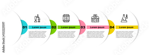 Set line Beer tap with glass, Wooden barrel, Store building of beer shop and Cold bottle. Business infographic template. Vector