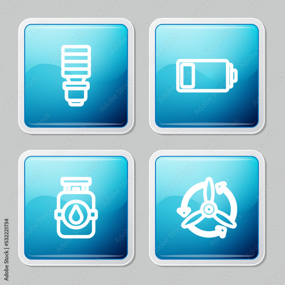 Set line LED light bulb, Battery, Propane gas tank and Wind turbine icon. Vector Set line LED light bulb, Battery, Propane gas tank and Wind turbine icon. Vector