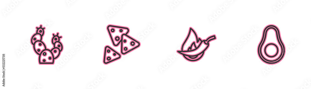 Set line Cactus, Hot chili pepper pod, Nachos and Avocado fruit icon. Vector Set line Cactus, Hot chili pepper pod, Nachos and Avocado fruit icon. Vector