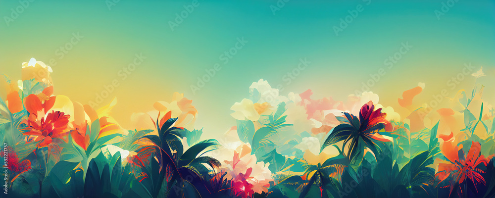 Floral summer wallpaper design as exotic background illustration - obrazy, fototapety, plakaty 