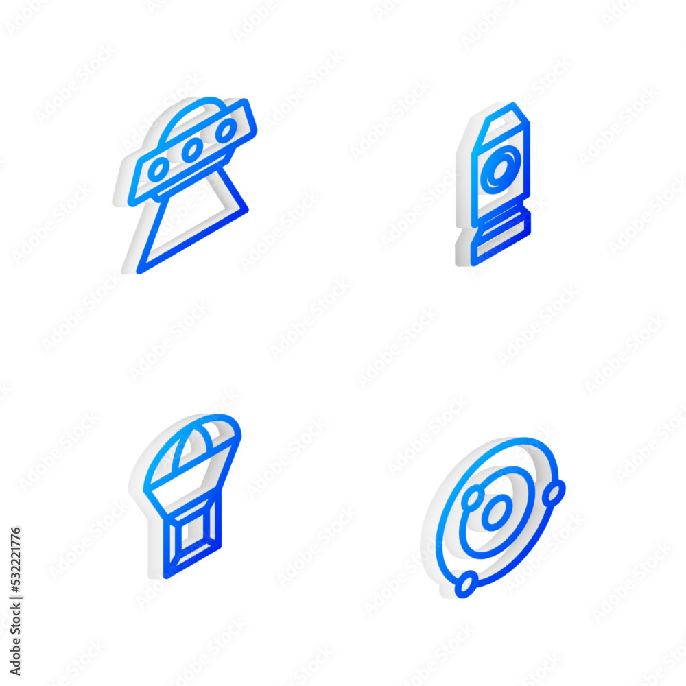 Set Isometric line Rocket ship, UFO flying spaceship, Box on parachute and Solar system icon. Vector Set Isometric line Rocket ship, UFO flying spaceship, Box on parachute and Solar system icon. Vector