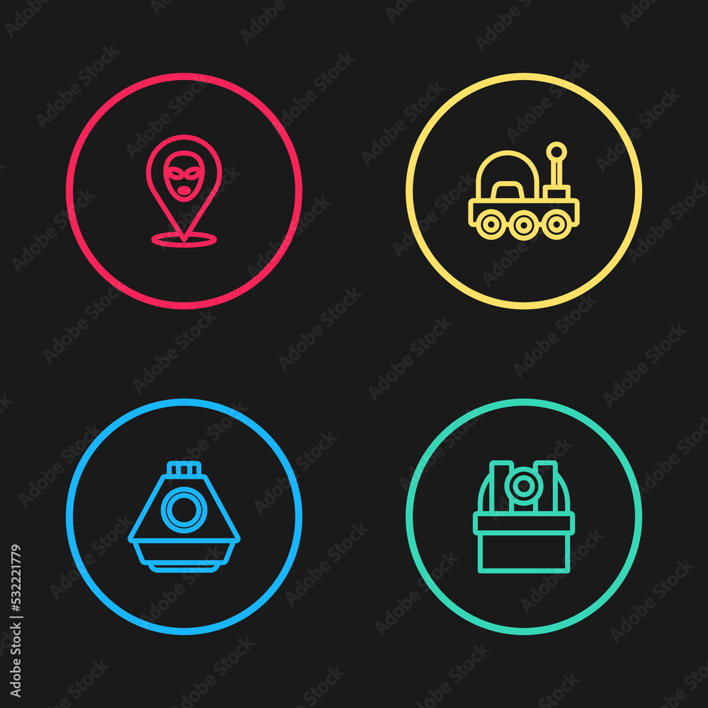 Set line Space capsule, Astronomical observatory, Mars rover and Alien icon. Vector Set line Space capsule, Astronomical observatory, Mars rover and Alien icon. Vector