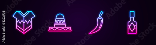 Set line Poncho, Mexican sombrero, Hot chili pepper pod and Tabasco sauce. Glowing neon icon. Vector