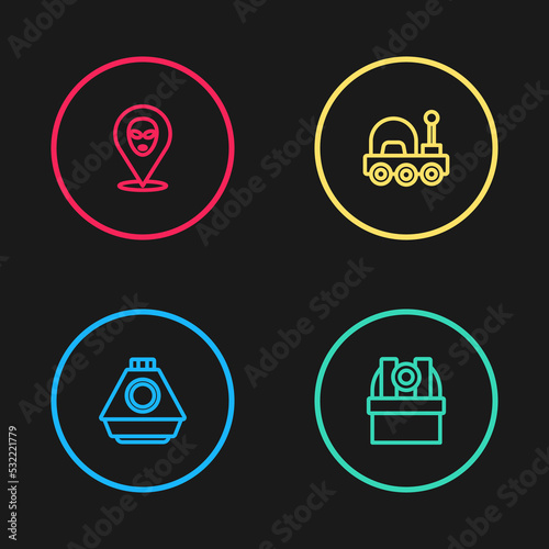 Set line Space capsule, Astronomical observatory, Mars rover and Alien icon. Vector