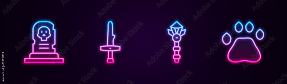 Set line Grave with tombstone, Dagger, Magic wand and Bear paw footprint. Glowing neon icon. Vector Set line Grave with tombstone, Dagger, Magic wand and Bear paw footprint. Glowing neon icon. Vector