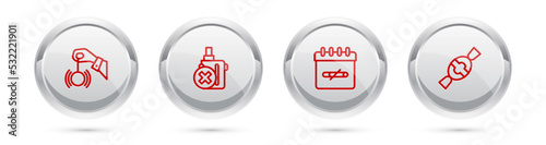 Set line Hypnosis, No electronic cigarette, smoking days and Candy. Silver circle button. Vector