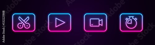 Set line Music or video editing, Play button, and Stopwatch. Glowing neon icon. Vector