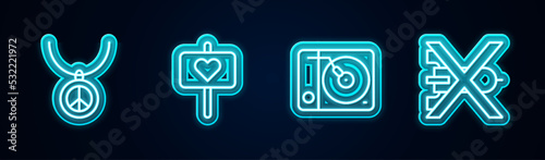 Set line Necklace with peace symbol, Peace, Vinyl player and No war. Glowing neon icon. Vector