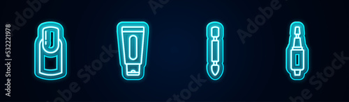 Set line Nail manicure, Tube of hand cream, Cuticle pusher and Milling cutter for. Glowing neon icon. Vector