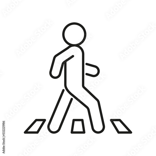 Pedestrian at crosswalk, person on road, line icon. Safely cross road symbol. Vector