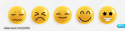 Emotion Realistic 3d Render. Set Icon Smile Emoji. Vector yellow glossy emoticons.