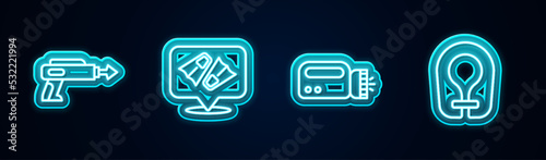 Set line Fishing harpoon, Flippers for swimming, Flashlight diver and Life jacket. Glowing neon icon. Vector