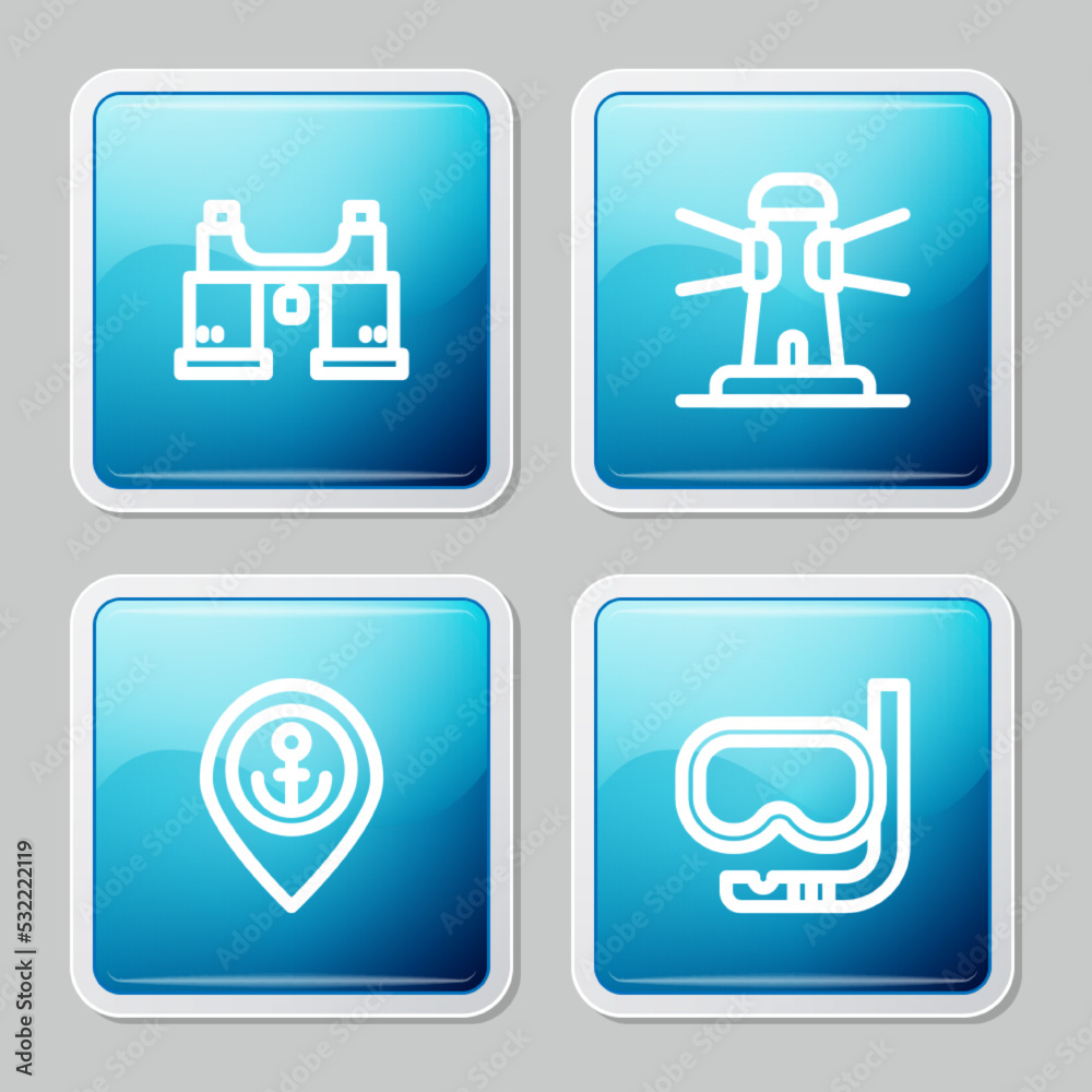 Set line Binoculars, Lighthouse, Location with anchor and Diving mask and snorkel icon. Vector Set line Binoculars, Lighthouse, Location with anchor and Diving mask and snorkel icon. Vector