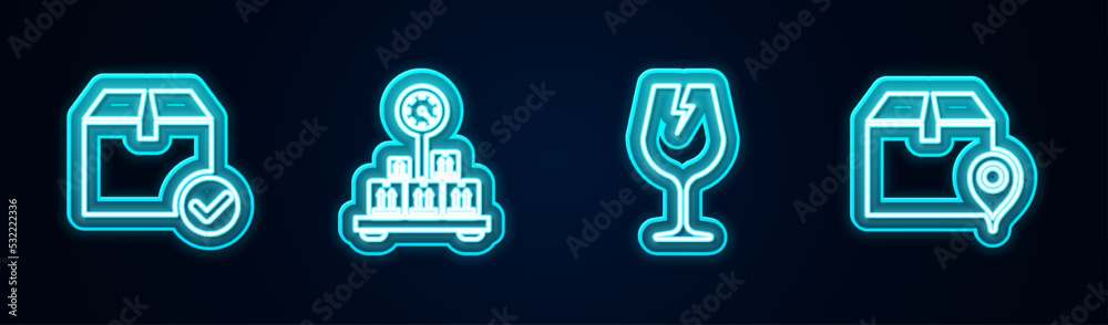 Set line Package box with check mark, Scale cardboard, Fragile broken glass and Location. Glowing neon icon. Vector Set line Package box with check mark, Scale cardboard, Fragile broken glass and Location. Glowing neon icon. Vector
