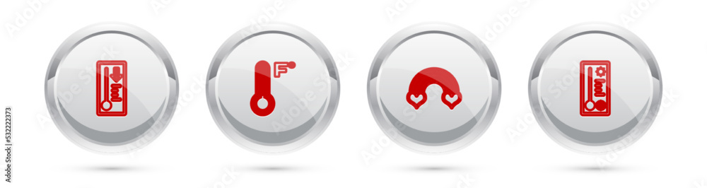 Set line Meteorology thermometer, , Rainbow with heart and . Silver circle button. Vector Set line Meteorology thermometer, , Rainbow with heart and . Silver circle button. Vector