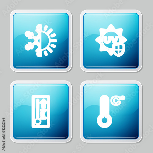Set line Sun and snowflake, UV protection, Meteorology thermometer and icon. Vector