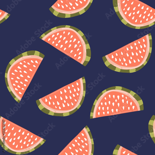 Watermelon seamless pattern texture. Exotic fruit pattern in hand-drawn style. Vector repeat background for colorful summer fabric.