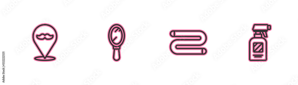 Set line Barbershop, Towel, Hand mirror and Hairdresser pistol spray bottle icon. Vector Set line Barbershop, Towel, Hand mirror and Hairdresser pistol spray bottle icon. Vector
