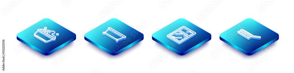 Set Isometric line Plastic basin with soap suds, Bathtub, Cleaning service for windows and Brush cleaning icon. Vector Set Isometric line Plastic basin with soap suds, Bathtub, Cleaning service for windows and Brush cleaning icon. Vector