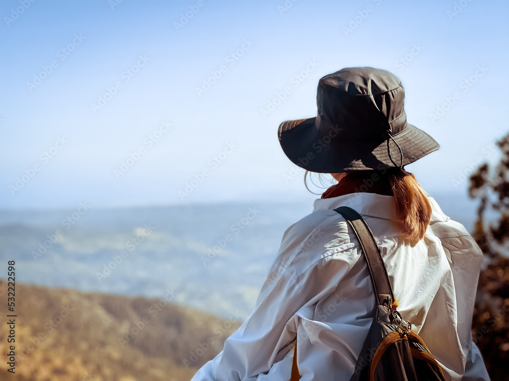 Woman watching beautiful nature mountain landscape sitting on viewpoint. Popular tourist destination. Traveling, hiking, freedom and active lifestyle concept. Concept of an ideal resting place.