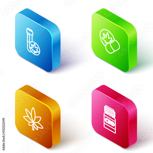 Set Isometric line Chemical test tube with marijuana, Herbal ecstasy tablets, Marijuana or cannabis leaf and Medical bottle icon. Vector
