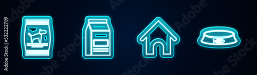 Set line Bag of food for dog, , Dog house and Pet bowl. Glowing neon icon. Vector