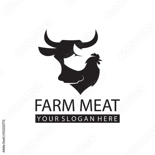 label of farm animals cow, chicken and pig isolated on white background