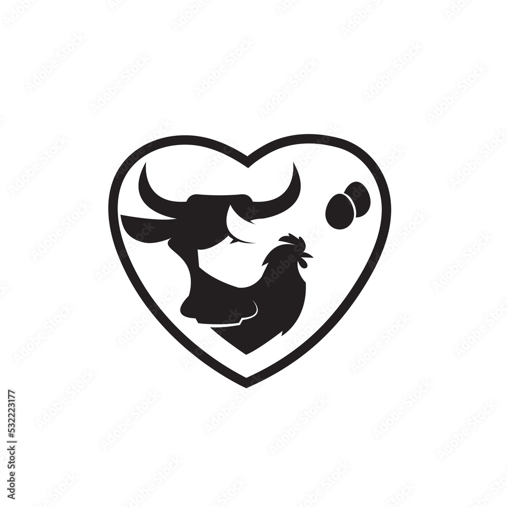 label of farm animals cow, chicken and pig isolated on heart background label of farm animals cow, chicken and pig isolated on heart background