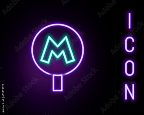 Glowing neon line Metro or Underground or Subway icon isolated on black background. Colorful outline concept. Vector