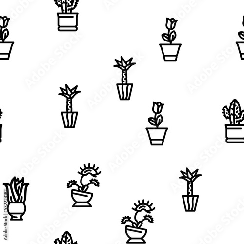 Potted Plant And Care Accessories vector seamless pattern thin line illustration