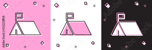 Set Protest camp icon isolated on pink and white, black background. Protesting tent. Vector