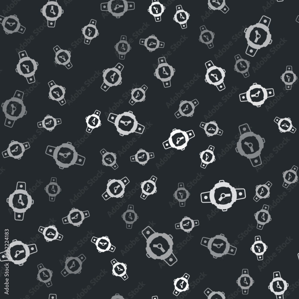 Grey Diving watch icon isolated seamless pattern on black background. Diving underwater equipment. Vector Grey Diving watch icon isolated seamless pattern on black background. Diving underwater equipment. Vector