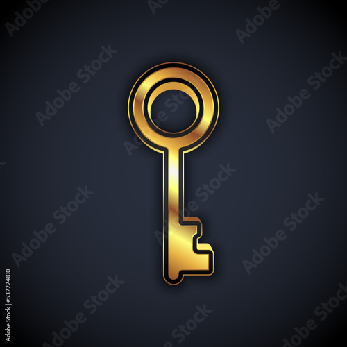 Gold Old key icon isolated on black background. Vector