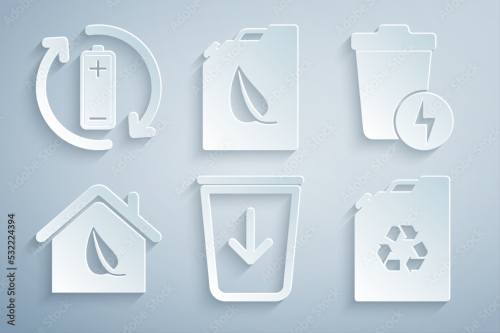 Set Send to the trash, Lightning with can, Eco friendly house, fuel canister, Bio and Battery recycle icon. Vector Set Send to the trash, Lightning with can, Eco friendly house, fuel canister, Bio and Battery recycle icon. Vector
