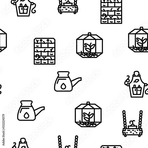 Potted Plant And Care Accessories vector seamless pattern thin line illustration