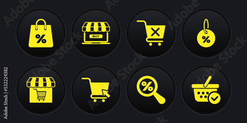 Set Market store with shopping cart, Discount percent tag, Shopping cursor, Magnifying glass, Remove, Online, basket check mark and bag icon. Vector