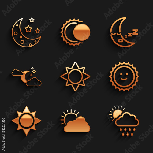 Set Sun, and cloud weather, Cloud with rain sun, moon stars, Moon icon and icon. Vector
