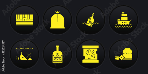 Set Sunken ship, Ship, Alcohol drink Rum bottle, Pirate treasure map, Bottle with message water, sack, game dice and Antique chest icon. Vector