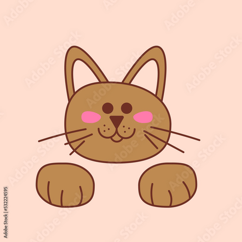 Cat cute. The head of a cute cat with a whiskers and his paws. Cartoon vector color illustration.
