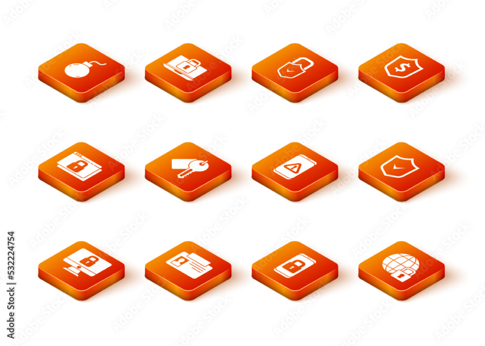 Set Lock on computer monitor, Identification badge, Secure your site with HTTPS, SSL, Marked key, Mobile closed padlock, exclamation mark, Global lockdown and Shield check icon. Vector Set Lock on computer monitor, Identification badge, Secure your site with HTTPS, SSL, Marked key, Mobile closed padlock, exclamation mark, Global lockdown and Shield check icon. Vector