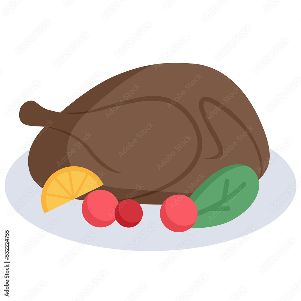Roasted turkey icon. Flat design. For presentation.