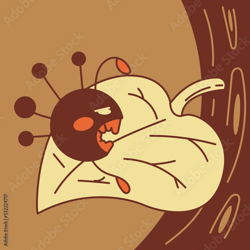 Fungi on a tree leaf. A cute toothy fungi eats a leaf that hangs on a tree. Cartoon vector color illustration.