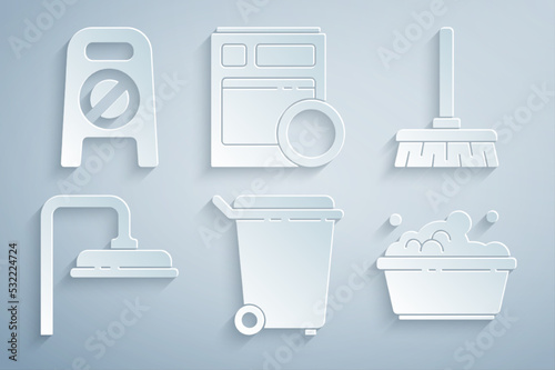 Set Trash can, Handle broom, Shower head, Plastic basin with soap suds, Kitchen dishwasher machine and Wet floor cleaning progress icon. Vector