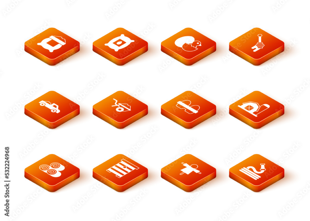 Set Roll of hay, Hive for bees, Pickup truck, Wheelbarrow with dirt, Scarecrow, Chicken egg in box, Garden hose and Farm house icon. Vector Set Roll of hay, Hive for bees, Pickup truck, Wheelbarrow with dirt, Scarecrow, Chicken egg in box, Garden hose and Farm house icon. Vector