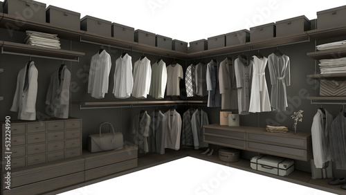 Modern wooden corner wardrobe and clothes transparent. Png