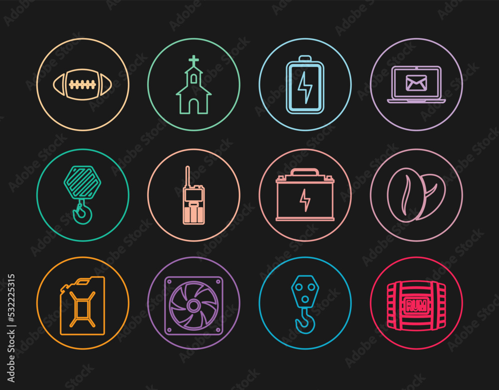 Set line Wooden barrel with rum, Coffee beans, Battery, Walkie talkie, Industrial hook, American Football ball, Car battery and Church building icon. Vector Set line Wooden barrel with rum, Coffee beans, Battery, Walkie talkie, Industrial hook, American Football ball, Car battery and Church building icon. Vector