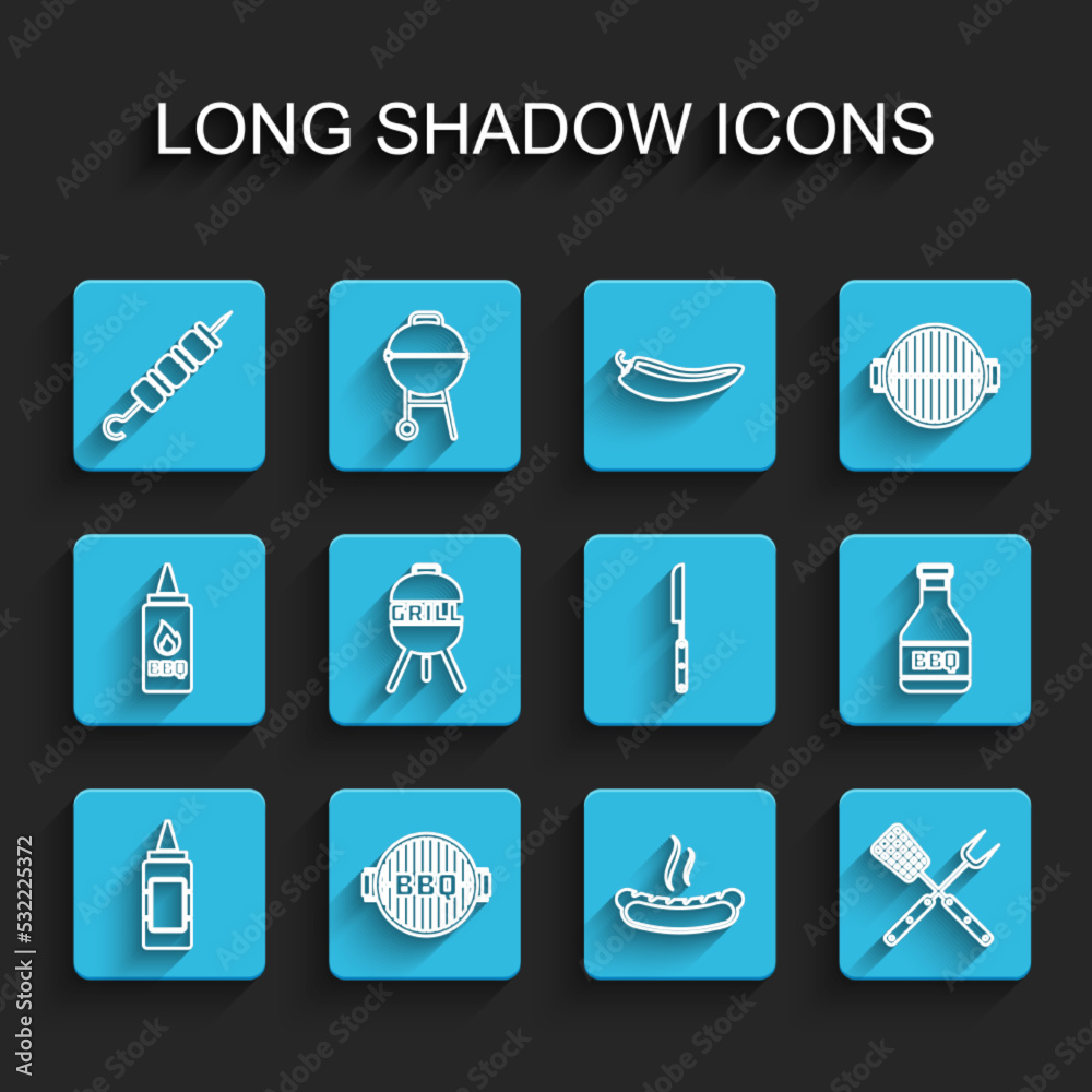 Set line Mustard bottle, Barbecue grill, Grilled shish kebab, Hotdog sandwich, Crossed fork spatula, Ketchup and knife icon. Vector Set line Mustard bottle, Barbecue grill, Grilled shish kebab, Hotdog sandwich, Crossed fork spatula, Ketchup and knife icon. Vector